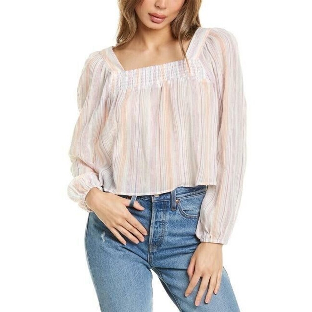 BCBGENERATION Women's Multi Square-Neck Smocked Long Sleeve Chiffon Top SZ S